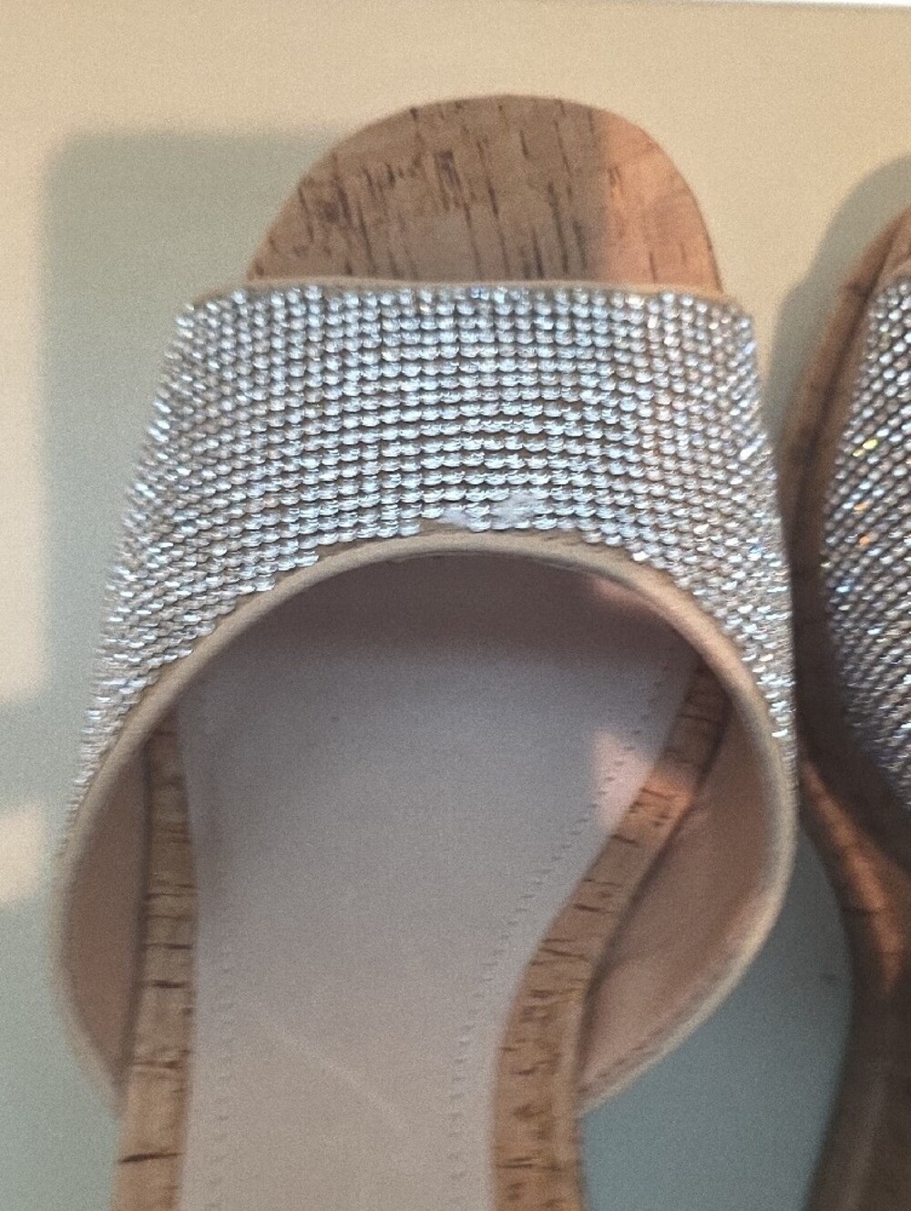 New With Flaws SCHUTZ Silver Rhinestone Cork Platform Slide Sandals - Picture 9 of 10